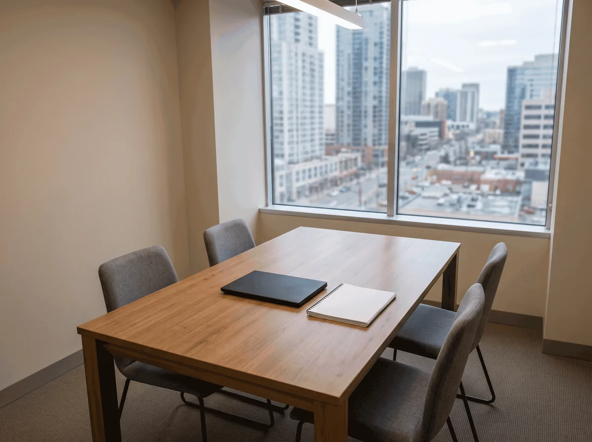 Sala de reunião simples com mesa de madeira, quatro cadeiras, notebook fechado e caderno
