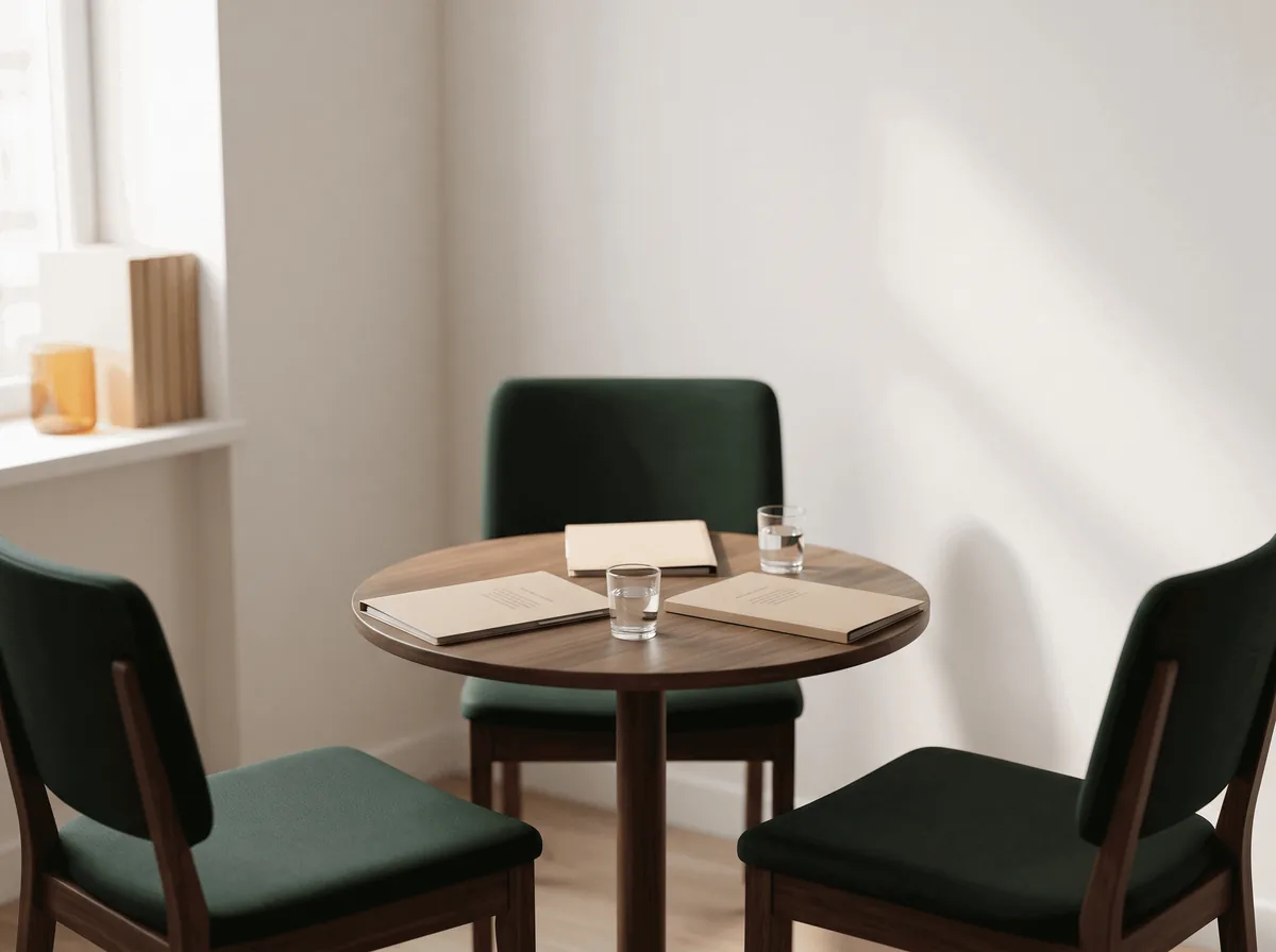 Mesa redonda de mediação com três cadeiras, pastas e copos d'água