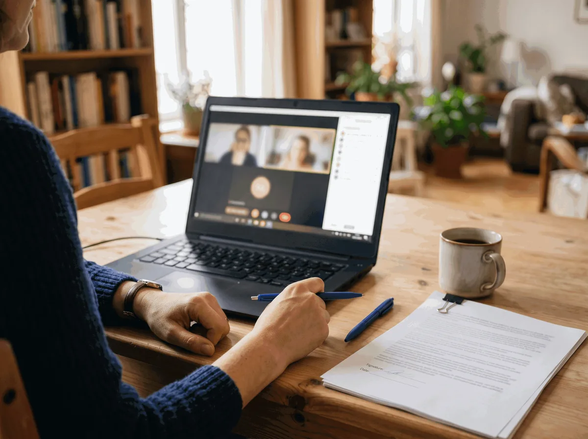 Pessoa em casa numa videochamada pelo notebook, com um documento para assinar ao lado