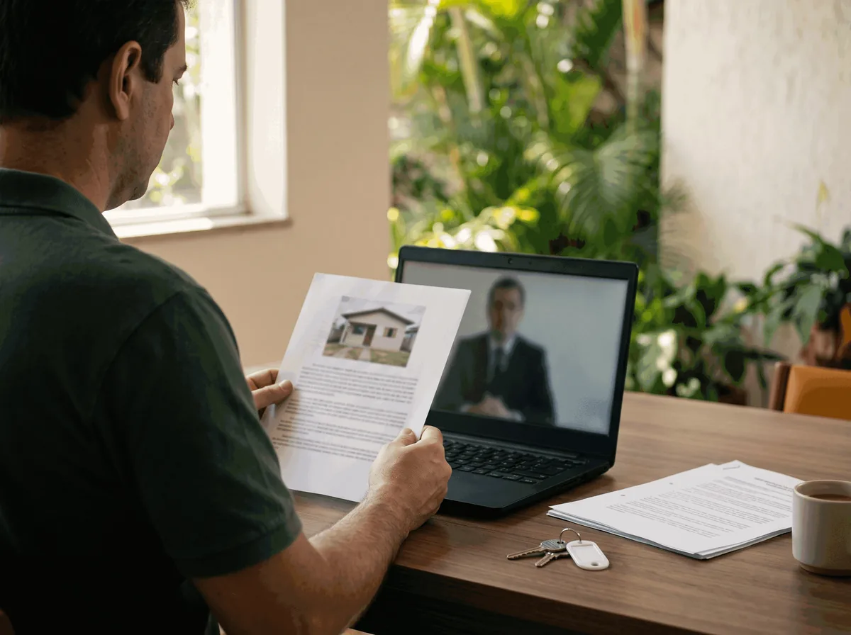 Homem em casa segurando a foto de um imóvel durante uma videochamada pelo notebook, com chaves e documentos na mesa