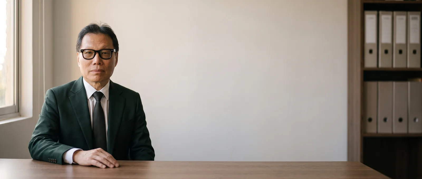 Dr. Jin (Hyon Jin Choi), advogado inscrito na OAB do Paraná, sentado à mesa do escritório