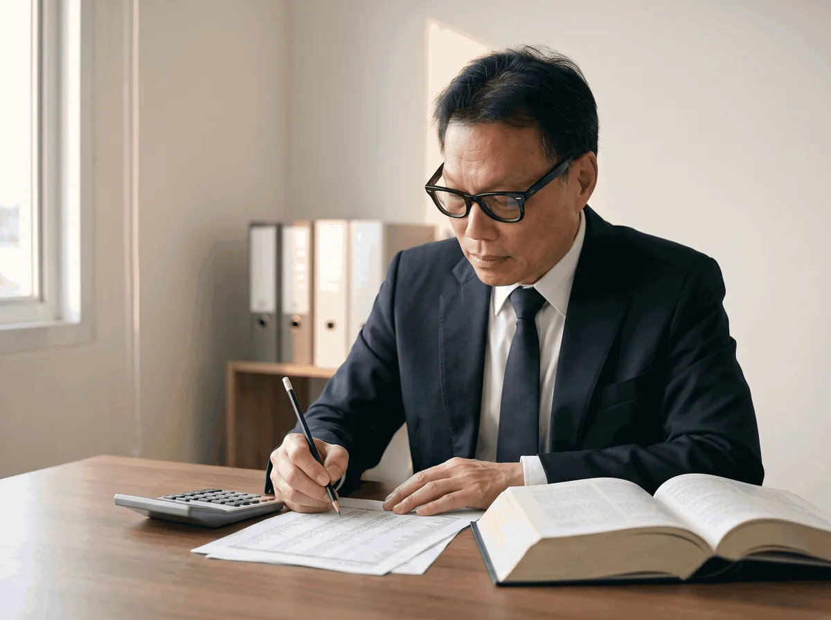 Dr. Jin (Hyon Jin Choi) conferindo cálculos com calculadora e livro de direito aberto sobre a mesa
