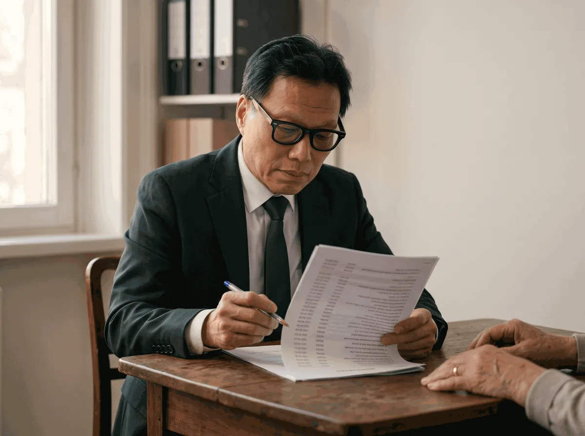 Dr. Jin (Hyon Jin Choi) lendo o extrato de contribuições de um cliente aposentado, frente a frente na mesa