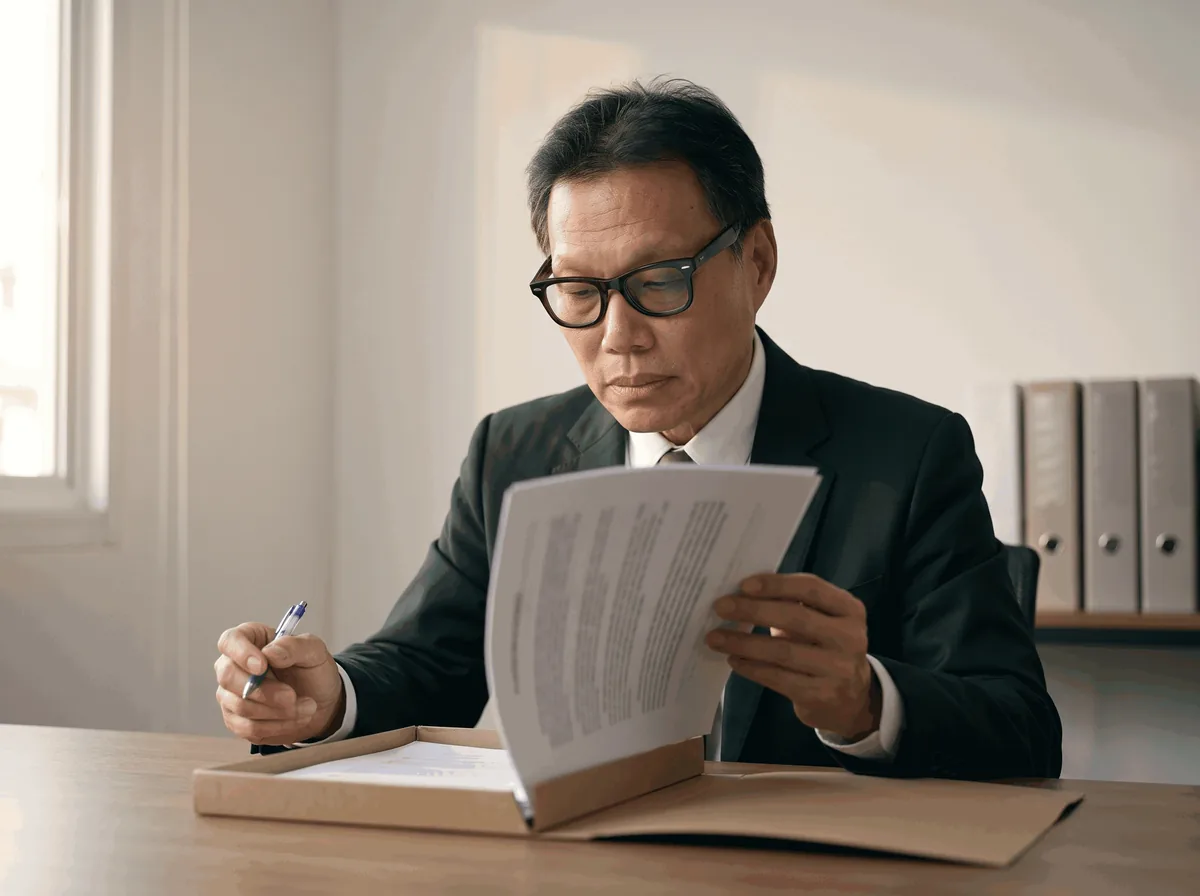 Dr. Jin (Hyon Jin Choi) revisando uma pasta de processo no escritório