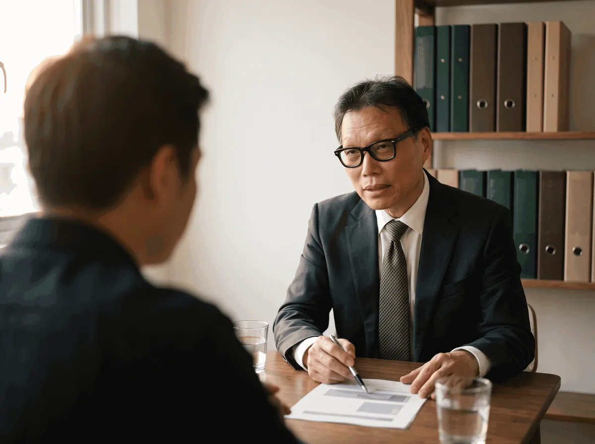 Dr. Jin (Hyon Jin Choi) explicando um documento a um cliente, frente a frente na mesa do escritório
