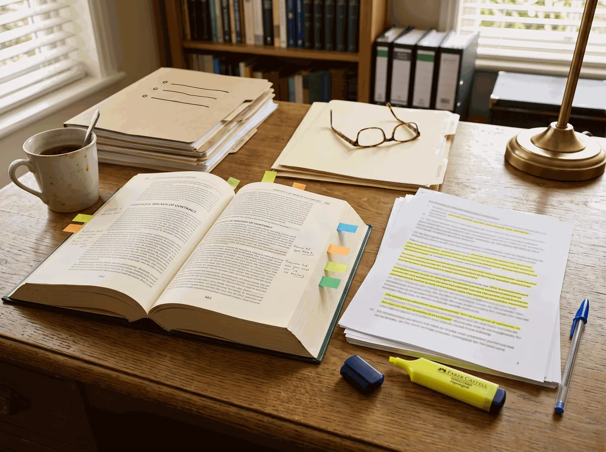 Livro de direito aberto com marcadores, textos grifados, óculos e café sobre a mesa de estudo