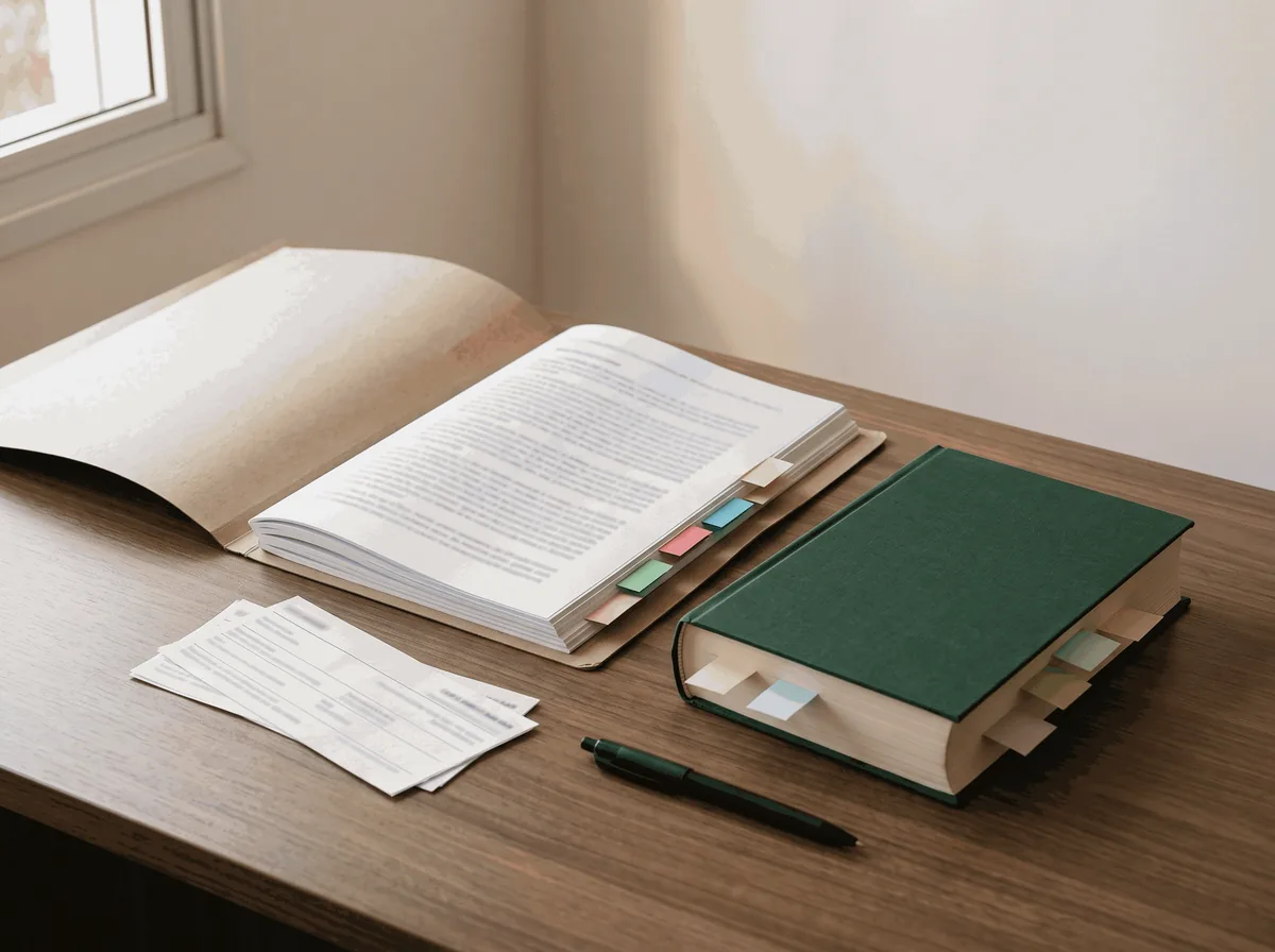 Pasta de processo trabalhista aberta com marcadores, livro de direito e holerites sobre a mesa