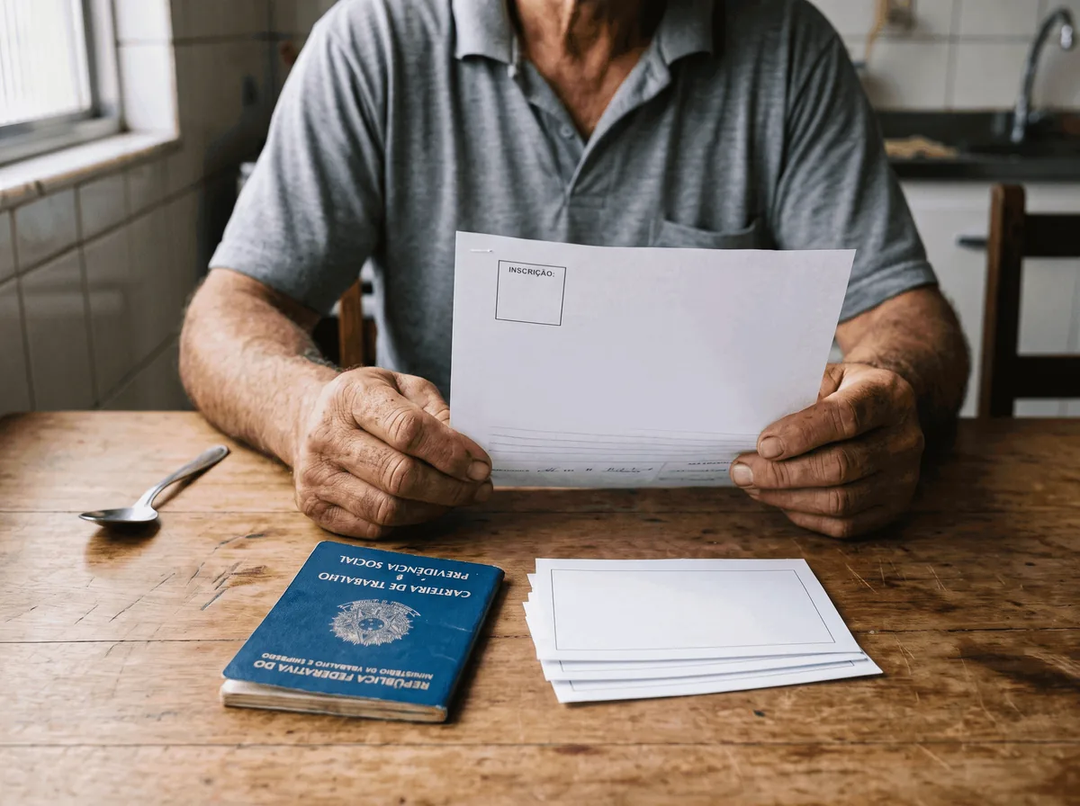 Trabalhador na mesa da cozinha segurando uma carta, com a carteira de trabalho e holerites à frente