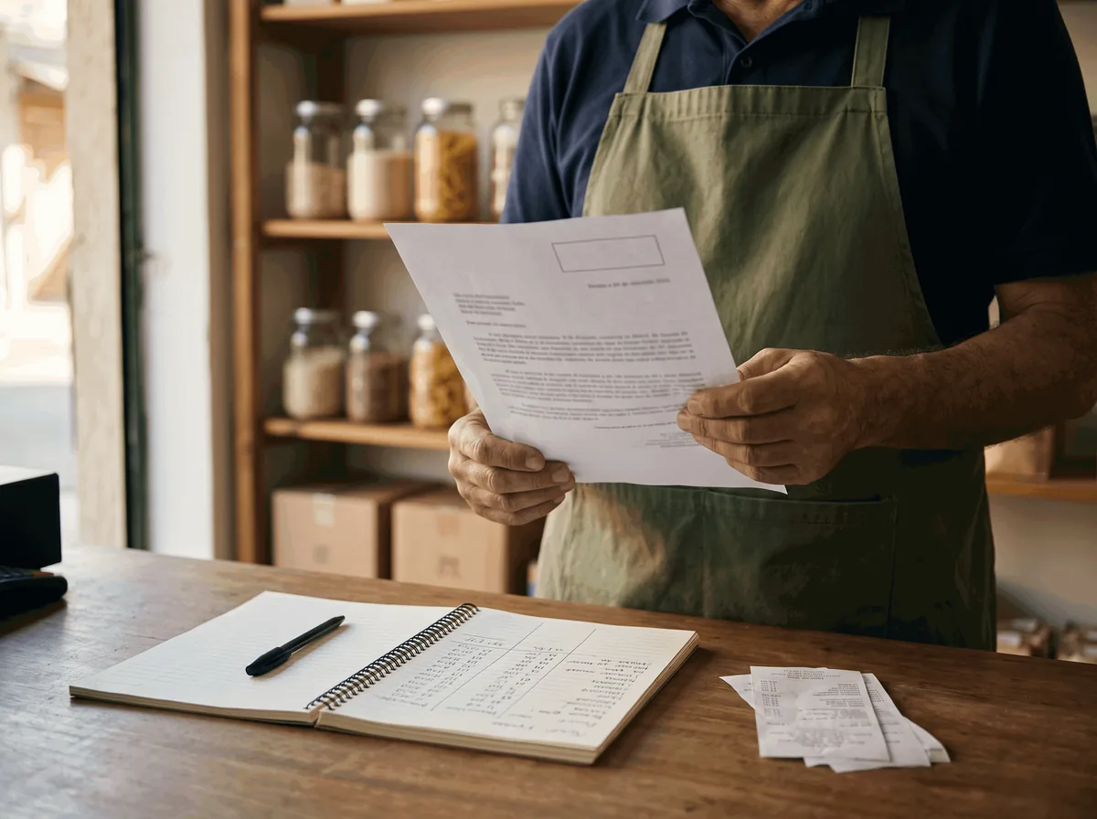 Comerciante atrás do balcão da loja lendo uma carta de cobrança, com o caderno de contas e os recibos à frente